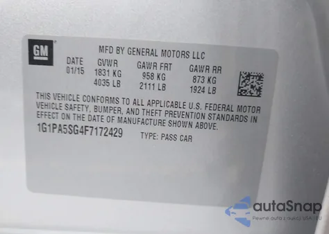 2015 Chevrolet Cruze Ls Auto z USA, uszkodzony, nr VIN 1G1PA5SG4F7172429